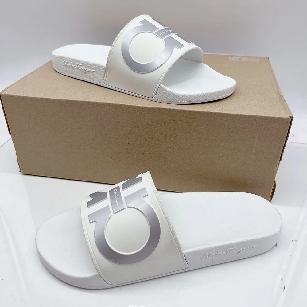 Salvatore Ferragamo Groove 6 Mens Gancini LOGO Slides Sandals White Gray US 7
